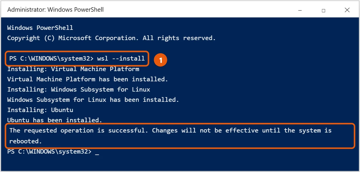 How to Install WSL (Linux) on Windows 10 1 Windows 10 PowerShell window running wsl --install with the success message highlighted