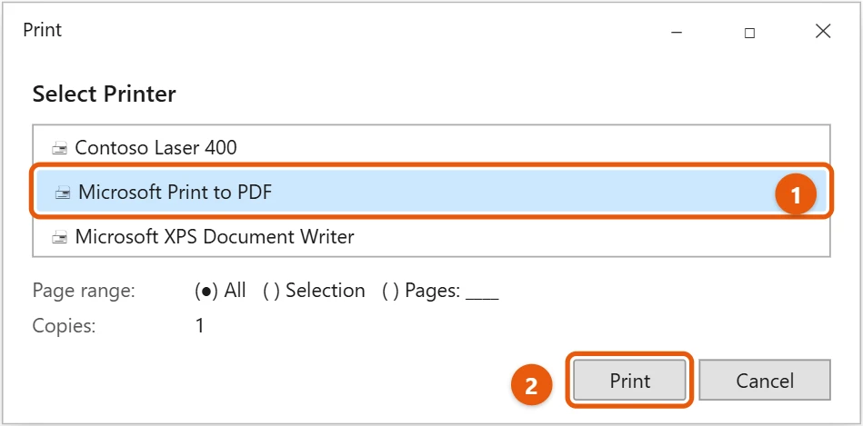 How to Convert Word to PDF in Windows 10 2 Windows 10 Print dialog with Microsoft Print to PDF and Print highlighted