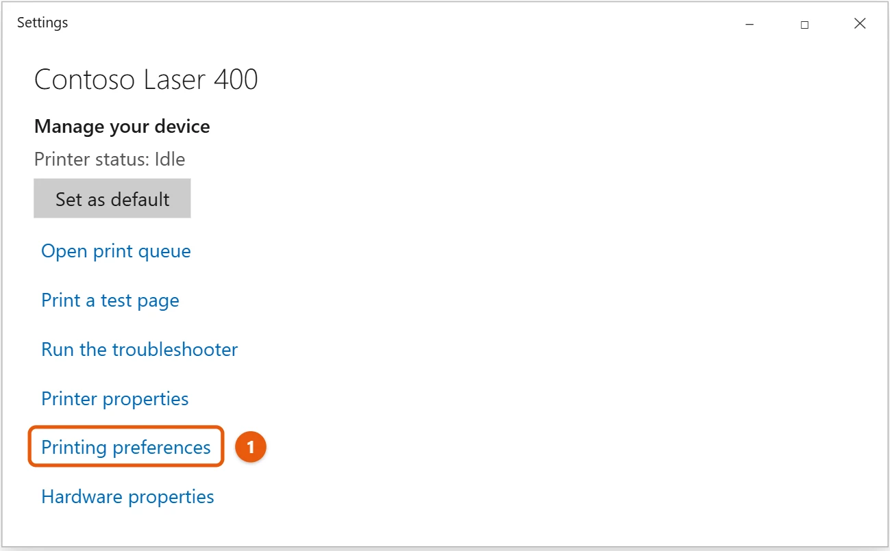 How to Change Printer Settings in Windows 10 1 Windows 10 printer Manage your device page with Printing preferences highlighted