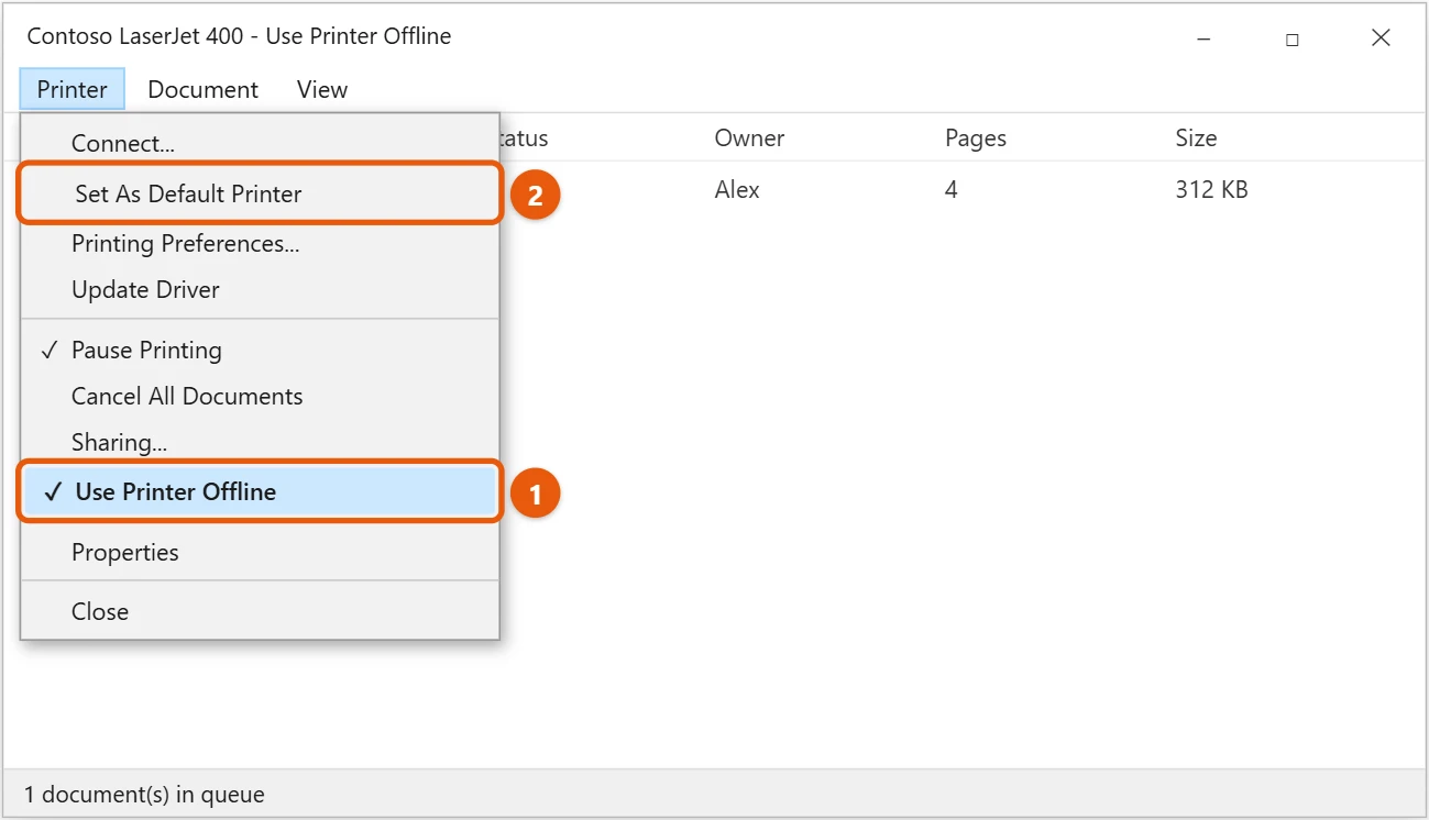 How to Get a Printer Back Online in Windows 10 1 Windows 10 printer queue window with the Printer menu open and Use Printer Offline highlighted