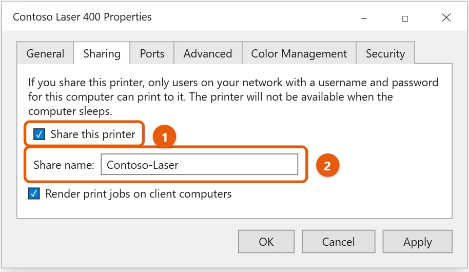 How to Share a Printer in Windows 10 2 Windows 10 printer Properties Sharing tab with Share this printer and the share name highlighted