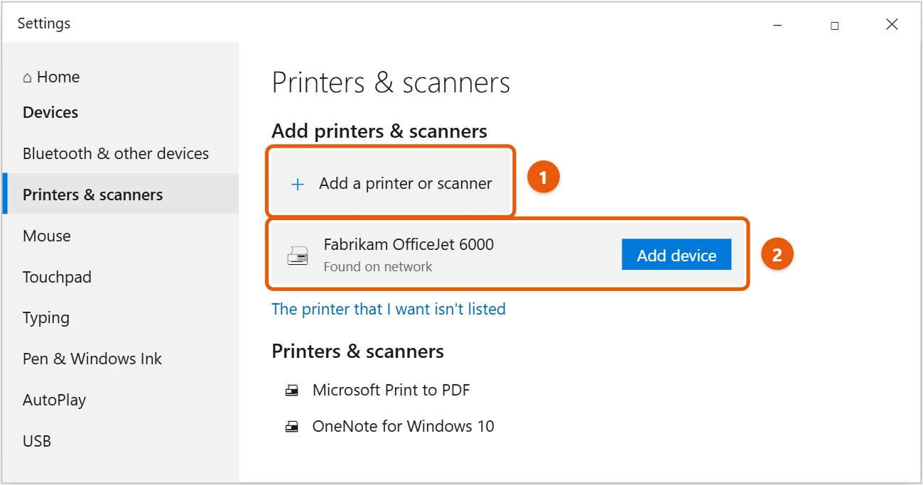 How to Add a Printer in Windows 10 1 Windows 10 Settings Printers and scanners page with Add a printer or scanner and a found printer highlighted