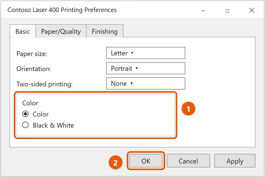 How to Change Printer Settings in Windows 10 2 Windows 10 printer Printing Preferences dialog with the color options and OK highlighted