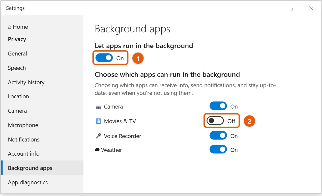 How to Close Apps Running in the Background on Windows 10 1 Windows 10 Background apps settings with the main switch and one app switch highlighted