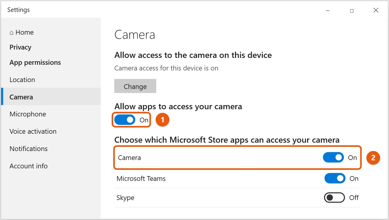 How to Test Your Camera on Windows 10 1 Windows 10 Privacy Camera settings with Allow apps to access your camera turned on and the Camera app switch highlighted