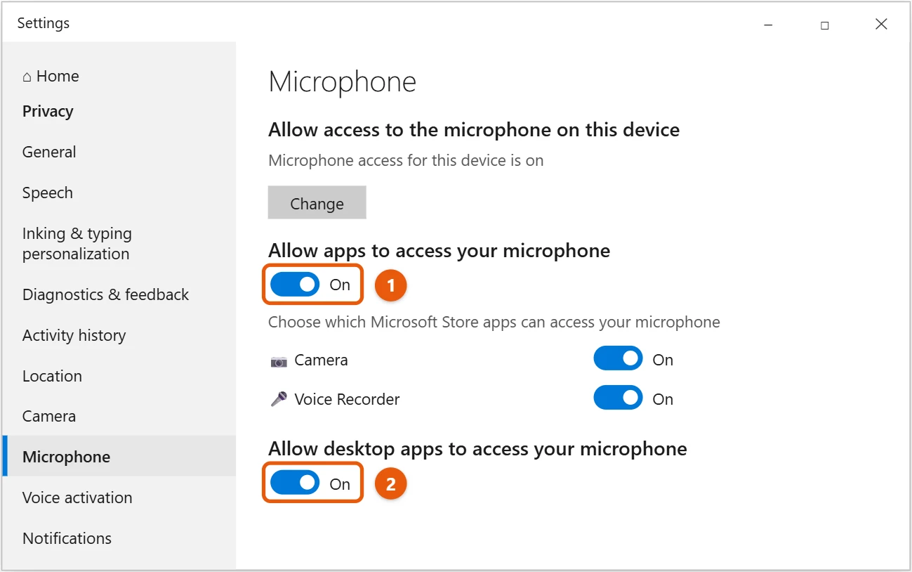 How to Turn On and Test Your Microphone in Windows 10 1 Windows 10 Settings Privacy Microphone page with the app access switches highlighted