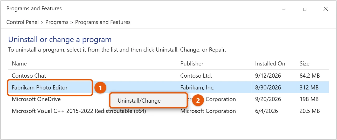 How to Uninstall Programs on Windows 10 2 Windows 10 Programs and Features with a program right-clicked and Uninstall/Change highlighted