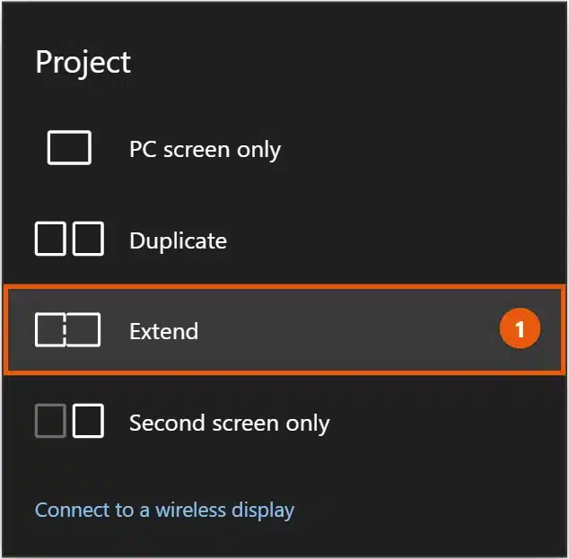 How to Set Up Dual Monitors in Windows 10 2 Windows 10 Project panel opened with Windows+P showing PC screen only, Duplicate, Extend, and Second screen only, with Extend highlighted