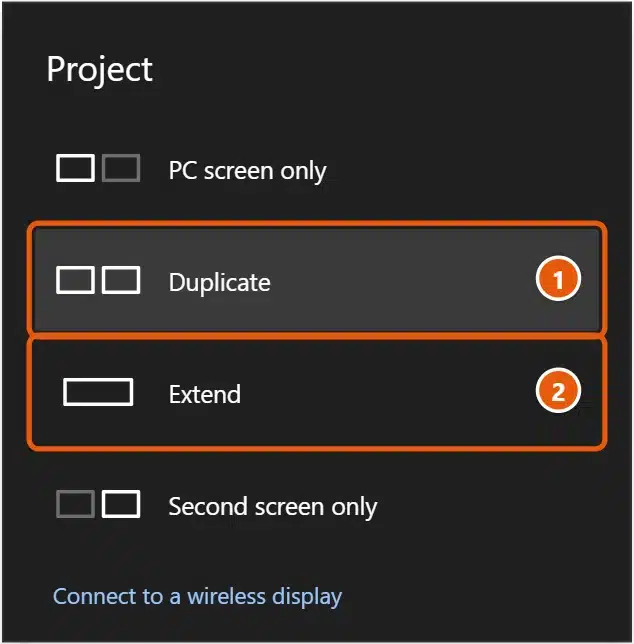 How to Connect a Laptop to a TV with HDMI in Windows 10 1 Windows 10 Project panel opened with Windows + P showing PC screen only, Duplicate, Extend, and Second screen only