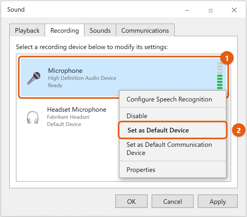 How to Turn Up Mic Volume in Windows 10 2 Windows 10 Sound Recording tab with a microphone showing a green level and Set as Default Device highlighted