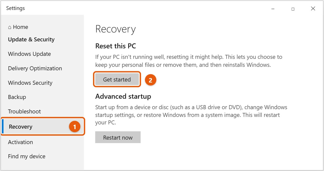 How to Reset Windows 10 to Factory Settings 1 Windows 10 Recovery settings with Reset this PC and the Get started button highlighted