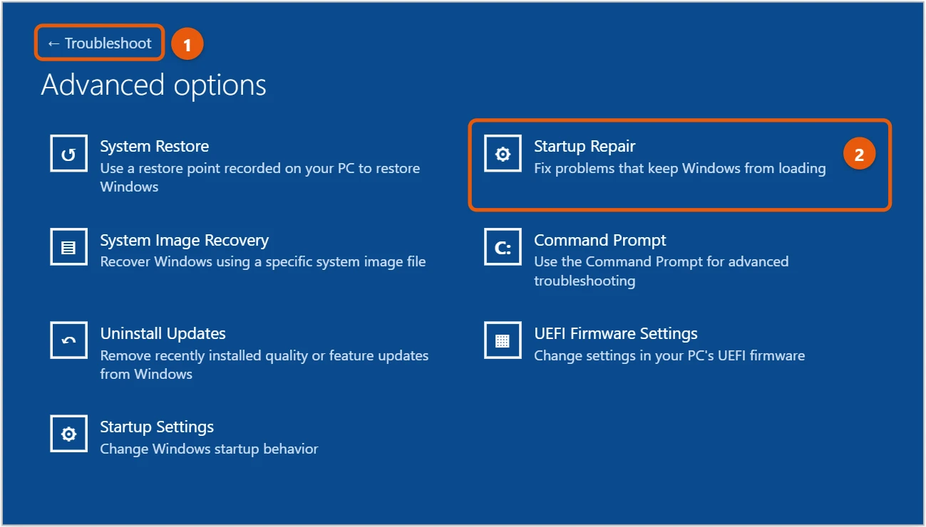 How to Run Startup Repair in Windows 10 1 Windows 10 recovery Advanced options screen with the Startup Repair tile highlighted