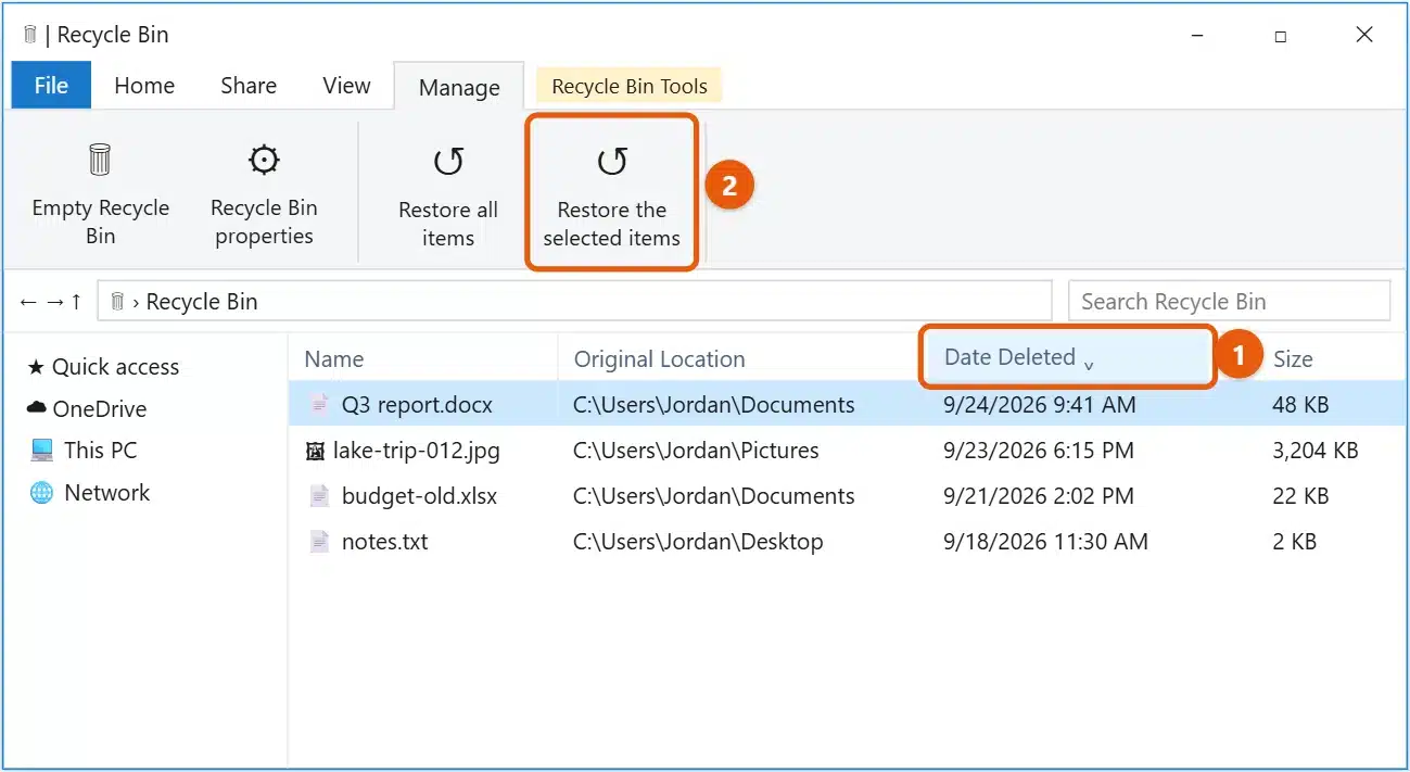 How to Find Recently Deleted Files on Windows 10 1 Windows 10 Recycle Bin sorted by Date Deleted with a file selected and the Restore the selected items button highlighted