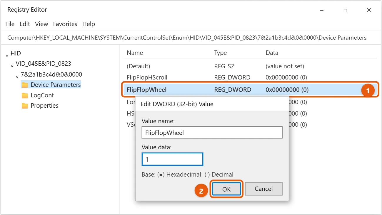 How to Reverse Scroll Direction in Windows 10 2 Windows 10 Registry Editor with FlipFlopWheel selected and its Value data set to 1