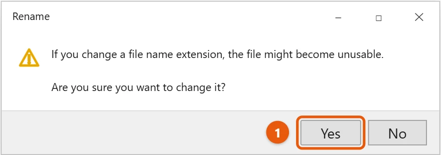 How to Show File Extensions in Windows 10 2 Windows 10 Rename warning asking if you are sure you want to change the file name extension with Yes highlighted