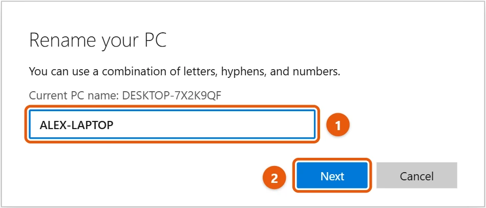 How to Find and Change Your Computer Name in Windows 10 2 Windows 10 Rename your PC window with a new name typed and the Next button highlighted