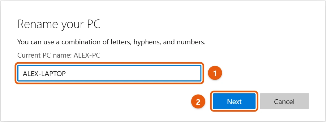 How to Change Your PC Name in Windows 10 2 Windows 10 Rename your PC dialog with a new name typed and the Next button highlighted