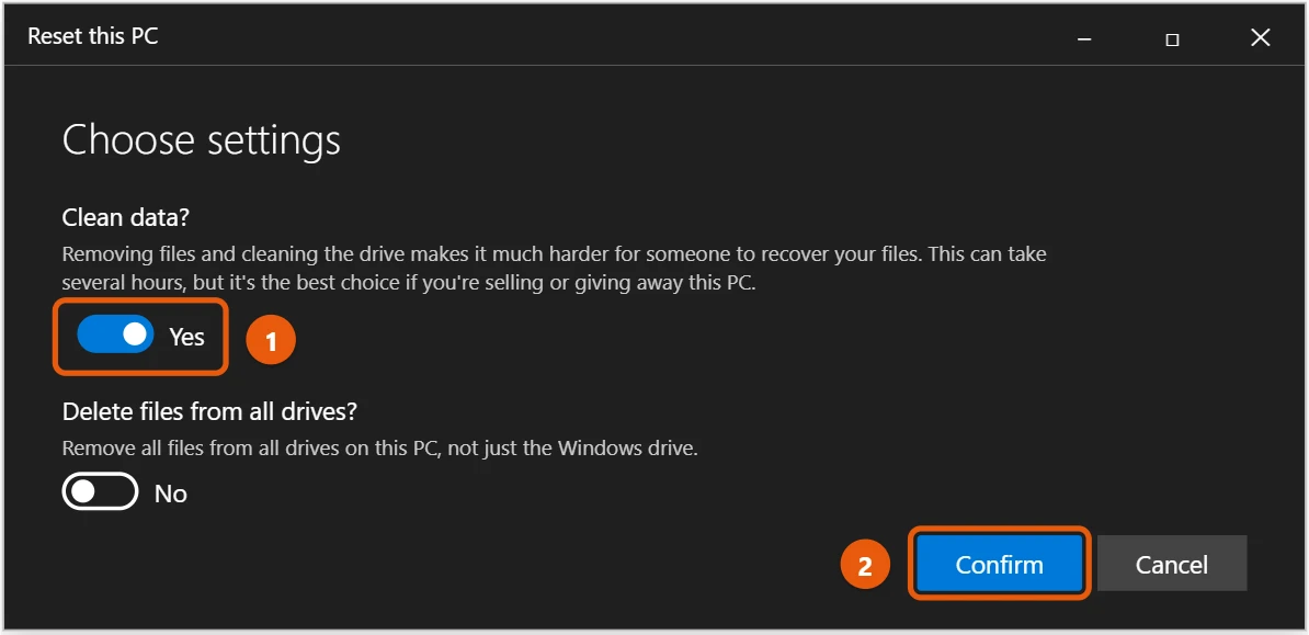How to Wipe a Windows 10 Computer Before Selling It 2 Windows 10 Reset this PC Choose settings screen with Clean data turned on and Confirm highlighted