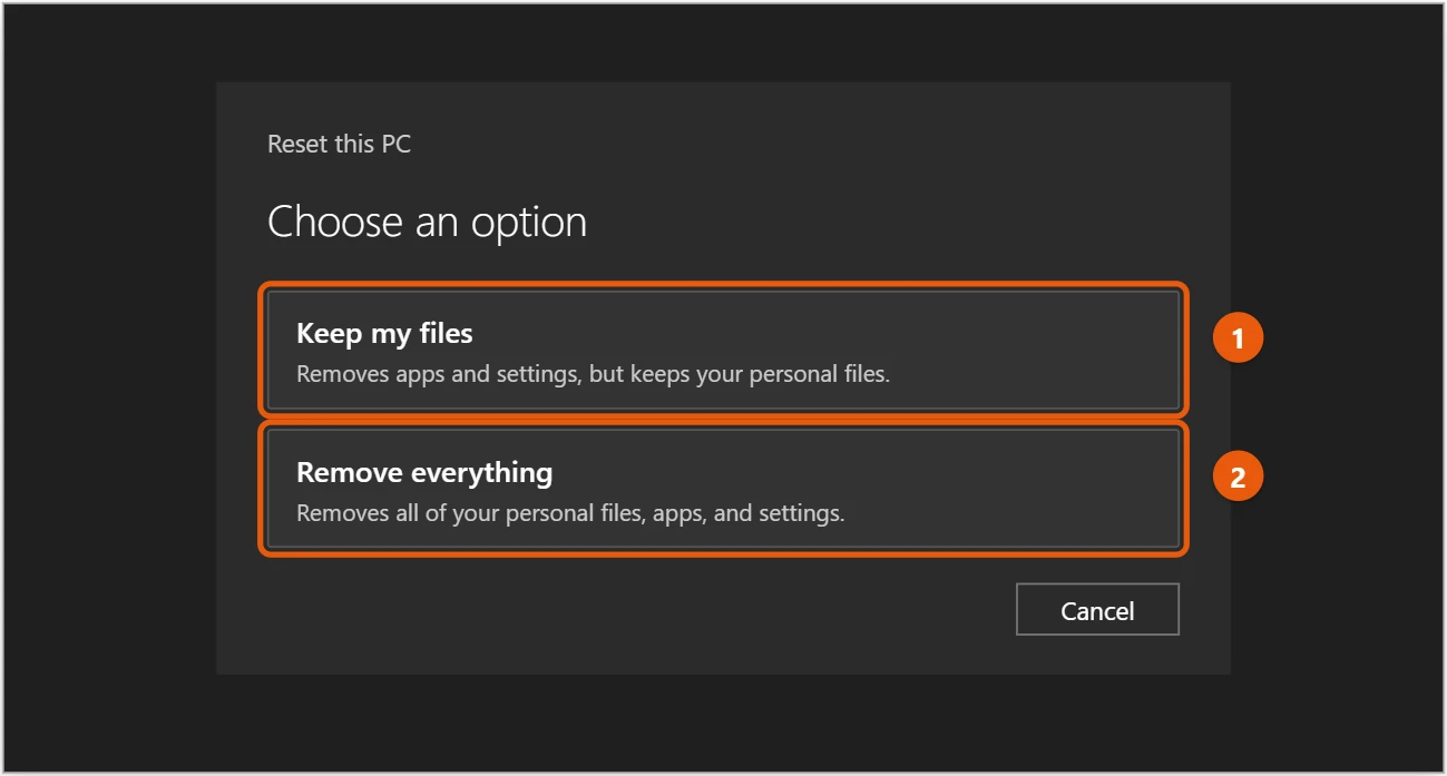 How to Reset Windows 10 to Factory Settings 2 Windows 10 Reset this PC window with the Keep my files and Remove everything options highlighted