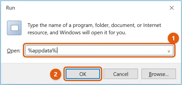 How to Open the AppData Folder in Windows 10 1 Windows 10 Run dialog with %appdata% typed in the Open box and the OK button highlighted