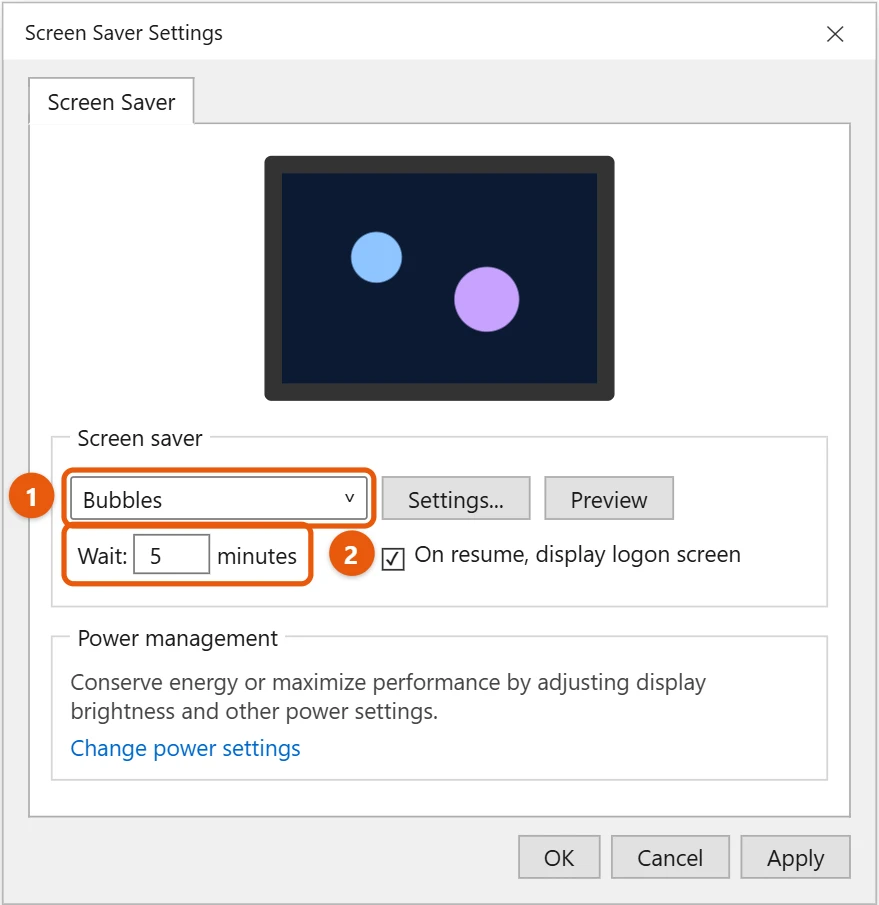 How to Set a Screen Saver in Windows 10 1 Windows 10 Screen Saver Settings dialog with the screen saver list and Wait minutes highlighted