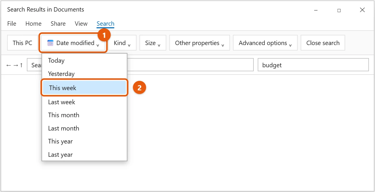 How to Search for Files in Windows 10 2 Windows 10 File Explorer Search tab with the Date modified menu open and This week highlighted