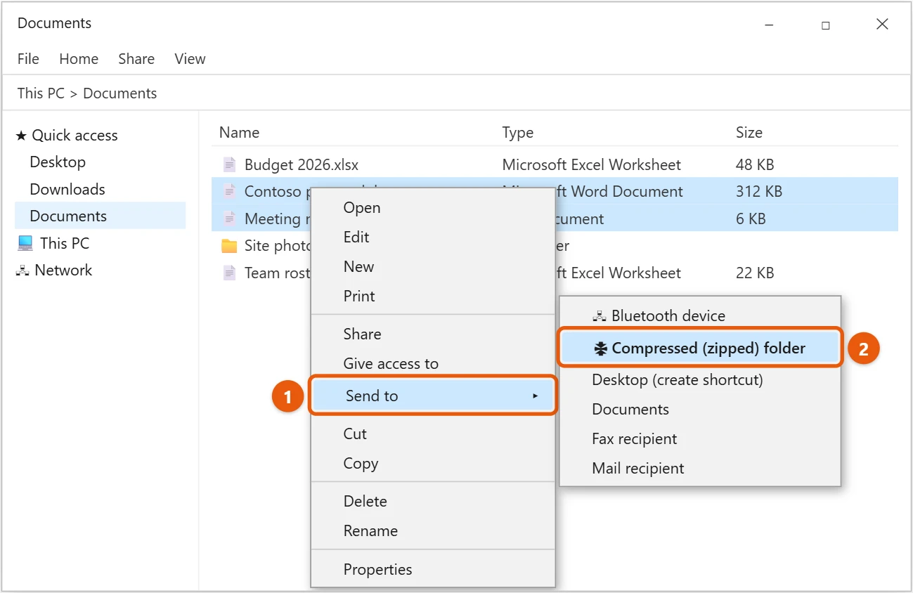 How to Zip and Unzip Files in Windows 10 1 Windows 10 File Explorer right-click menu with Send to and Compressed (zipped) folder highlighted