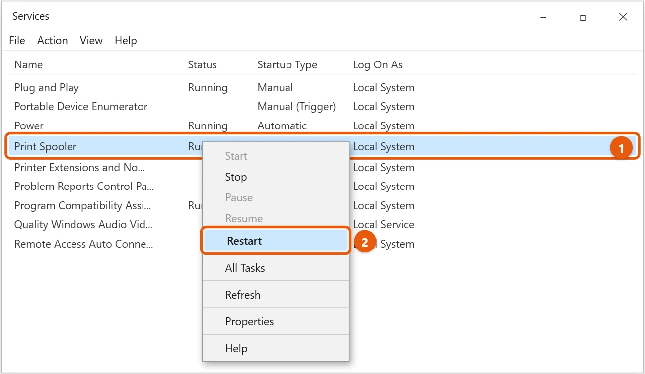 How to Get a Printer Back Online in Windows 10 2 Windows 10 Services window with Print Spooler selected and Restart highlighted in the right-click menu