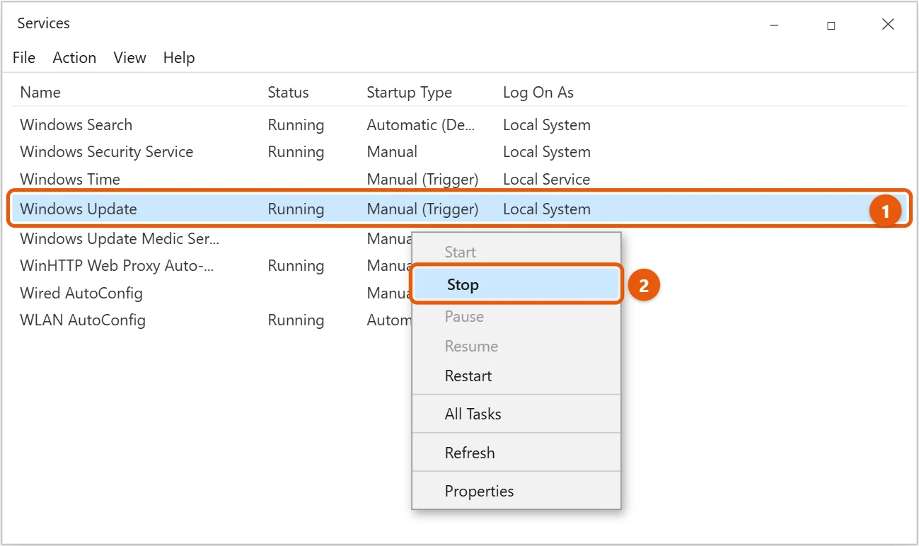 How to Stop an Update in Progress on Windows 10 2 Windows 10 Services window with Windows Update selected and Stop highlighted in the right-click menu