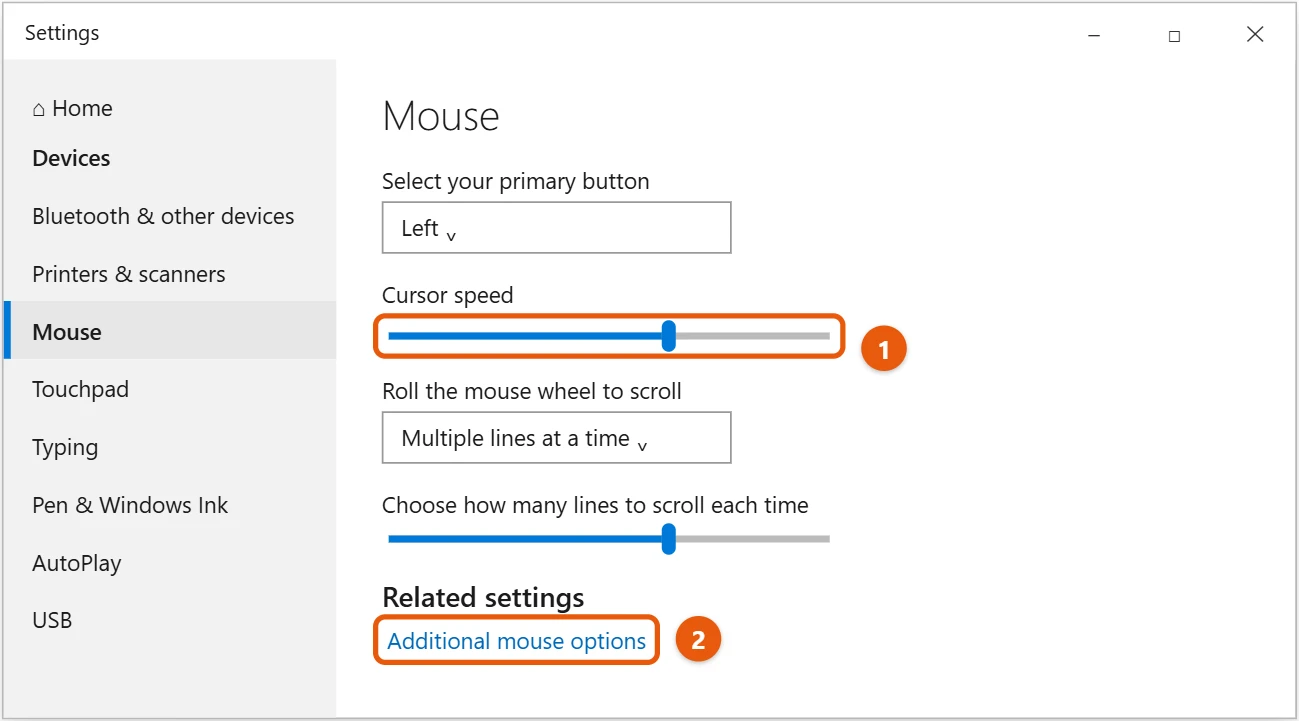 How to Change Mouse Sensitivity in Windows 10 1 Windows 10 Mouse settings with the Cursor speed slider and Additional mouse options highlighted