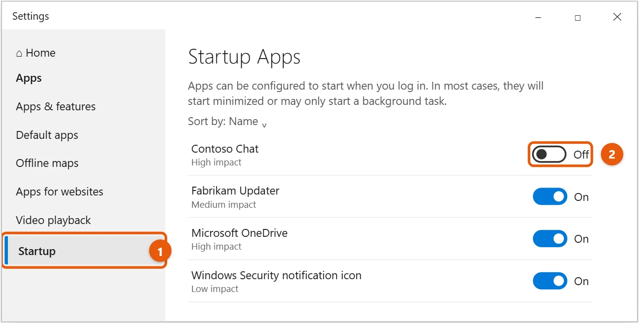 How to Disable Startup Programs in Windows 10 2 Windows 10 Settings Startup apps page with an app switch turned off highlighted