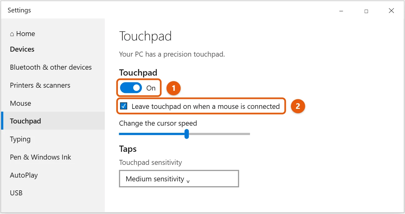 How to Turn the Touchpad On or Off in Windows 10 1 Windows 10 Settings Touchpad page with the Touchpad switch and the Leave touchpad on when a mouse is connected option highlighted