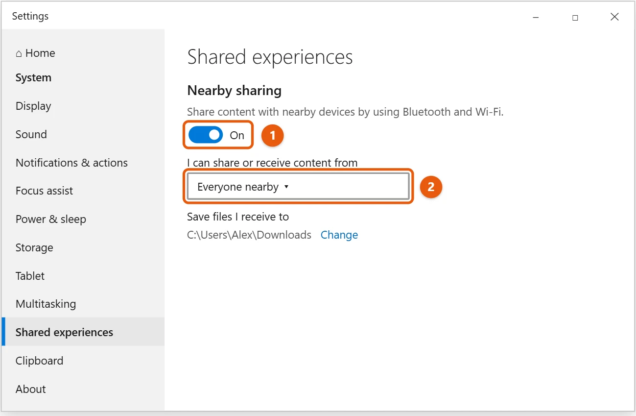 How to Transfer Files from PC to PC in Windows 10 1 Windows 10 Shared experiences settings with Nearby sharing on and Everyone nearby selected