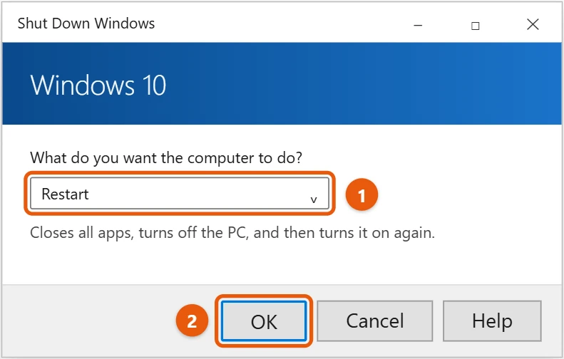 How to Restart Windows 10 2 Windows 10 Shut Down Windows dialog with Restart selected in the list and the OK button highlighted
