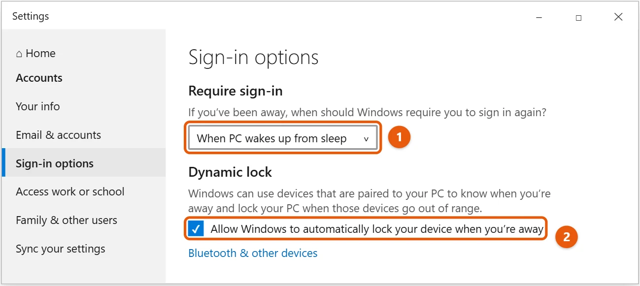 How to Lock Your Screen in Windows 10 2 Windows 10 Sign-in options with Require sign-in set to When PC wakes up from sleep and the Dynamic lock check box highlighted