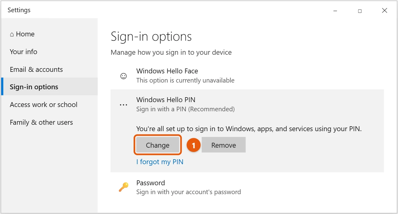 How to Change Your PIN in Windows 10 1 Windows 10 Settings Sign-in options with Windows Hello PIN expanded and the Change button highlighted