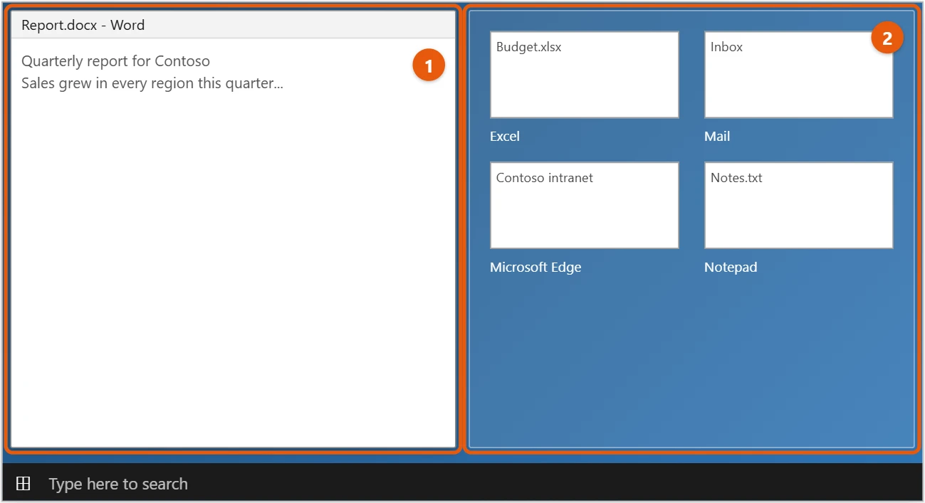 How to Split Screen in Windows 10 1 Windows 10 desktop with one window snapped to the left half and Snap Assist showing other windows on the right