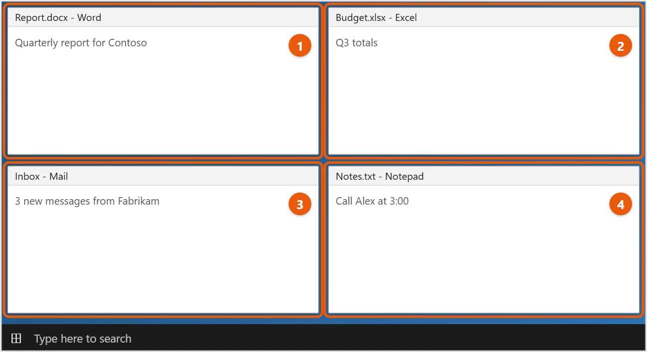 How to Split Screen in Windows 10 2 Windows 10 desktop split into four windows, one snapped in each corner