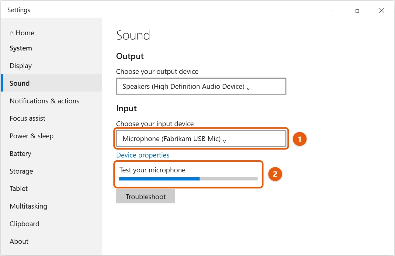 How to Turn On and Test Your Microphone in Windows 10 2 Windows 10 Sound settings Input section with the input device and Test your microphone bar highlighted