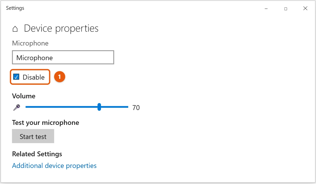 How to Mute Your Microphone in Windows 10 2 Windows 10 microphone Device properties page with the Disable box highlighted
