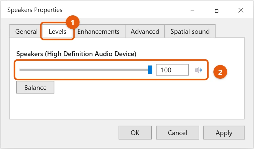 How to Make Sound Louder in Windows 10 2 Windows 10 Speakers Properties Levels tab with the level slider at 100 highlighted