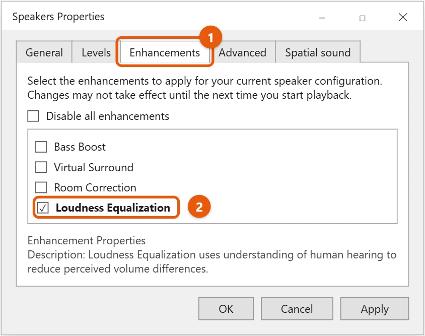 How to Make Sound Louder in Windows 10 1 Windows 10 Speakers Properties Enhancements tab with Loudness Equalization checked and highlighted