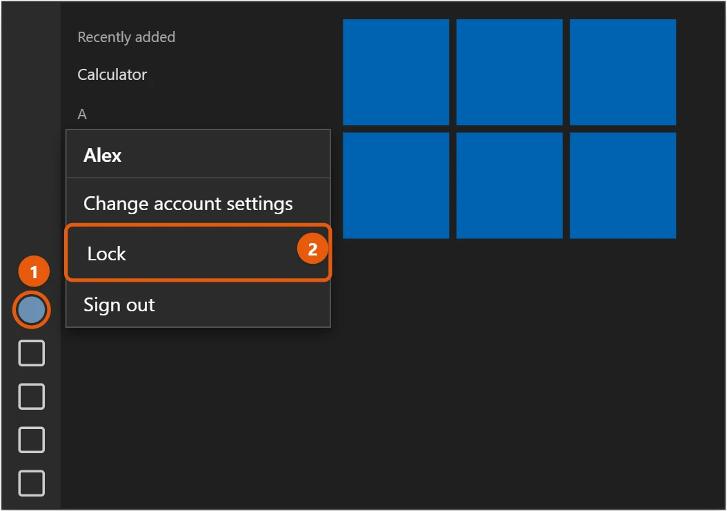 How to Lock Your Screen in Windows 10 1 Windows 10 Start menu with the account picture selected and Lock highlighted in the menu
