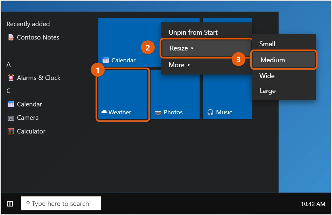 How to Change the Start Menu in Windows 10 2 Windows 10 Start menu tile menu with Resize and Medium highlighted