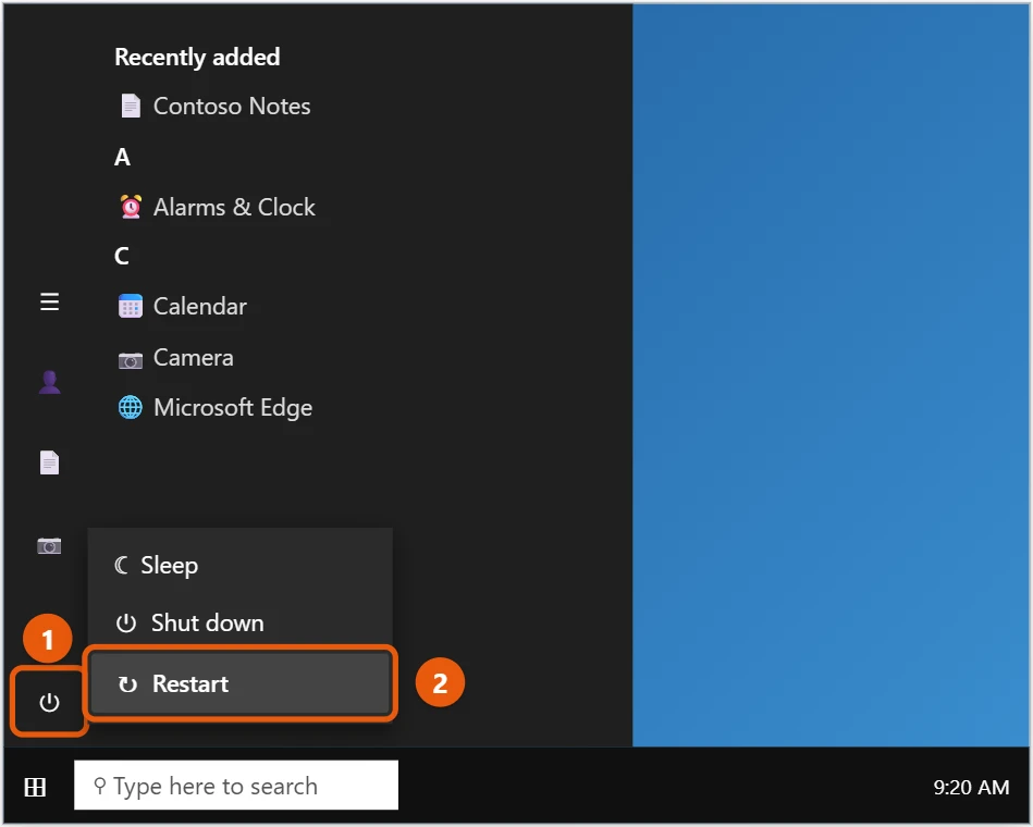 How to Restart Windows 10 1 Windows 10 Start menu with the Power button and Restart highlighted