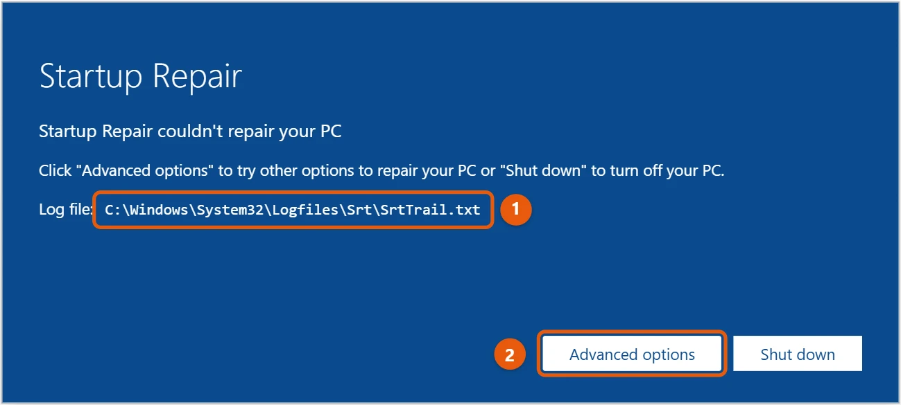 How to Run Startup Repair in Windows 10 2 Windows 10 Startup Repair couldn't repair your PC message with the log file path and Advanced options button highlighted