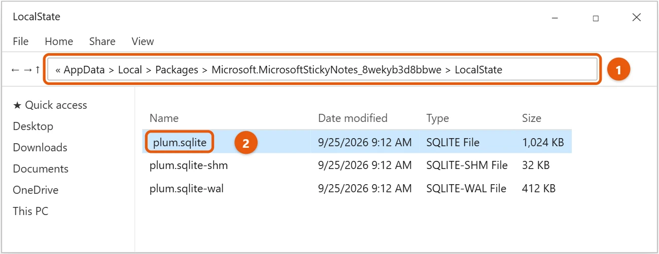 How to Back Up and Restore Sticky Notes in Windows 10 2 Windows 10 File Explorer showing the Sticky Notes LocalState folder with plum.sqlite selected and the address bar highlighted
