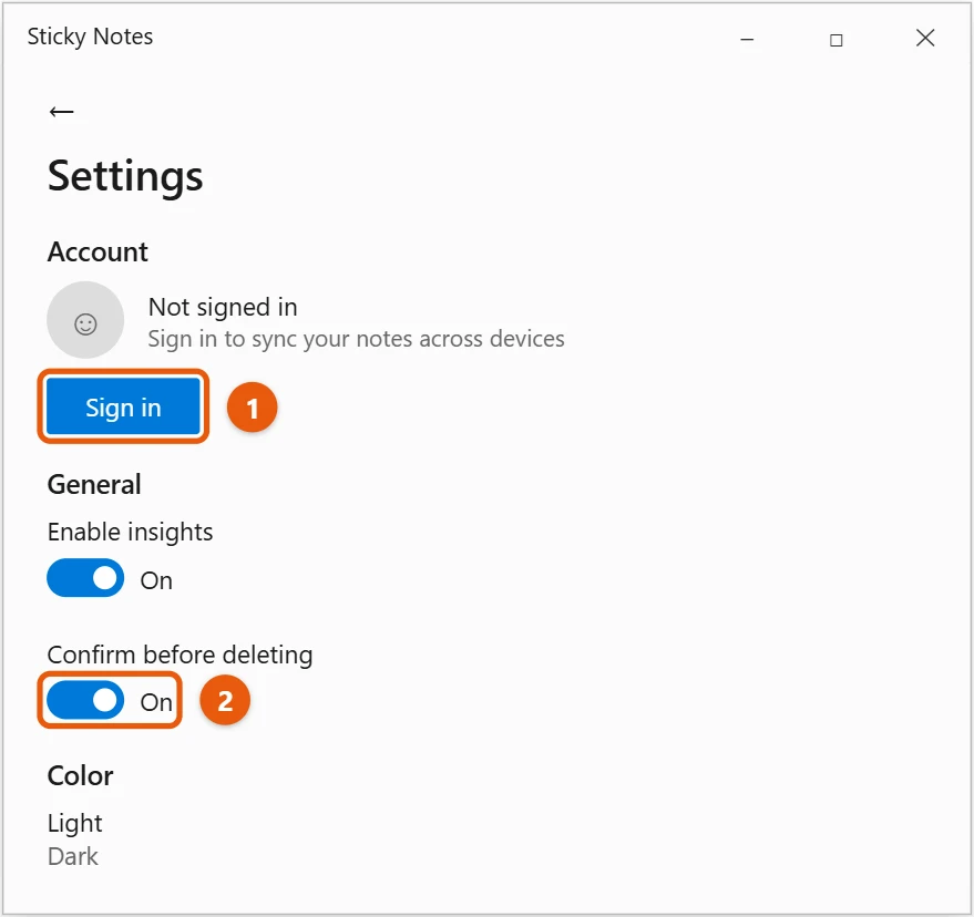 How to Back Up and Restore Sticky Notes in Windows 10 1 Sticky Notes settings on Windows 10 with the Sign in button and Confirm before deleting switch highlighted