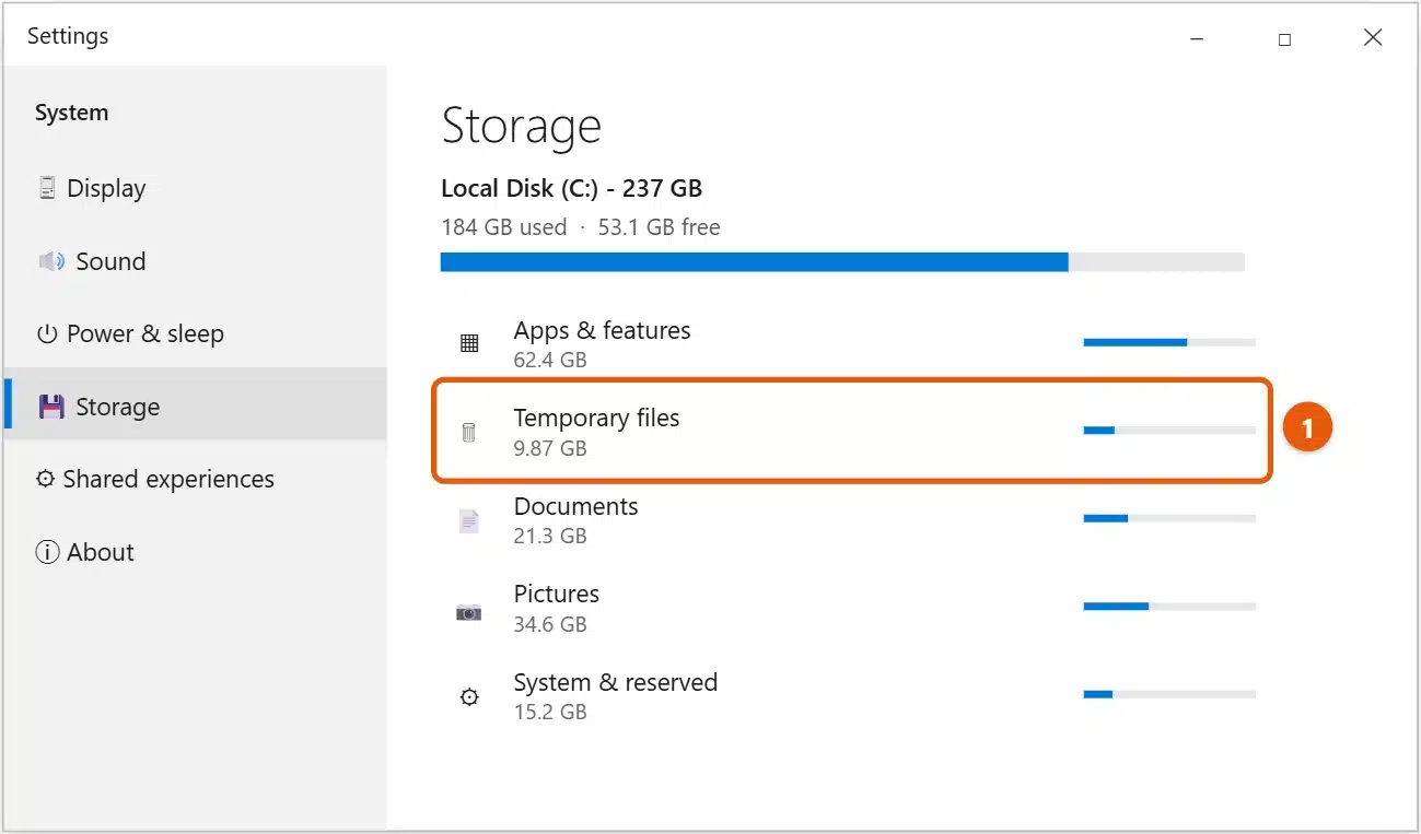 How to Access the C Drive in Windows 10 2 Windows 10 Settings Storage page for Local Disk C showing space used by Apps and features, Temporary files, Documents, Pictures, and System, with Temporary files highlighted