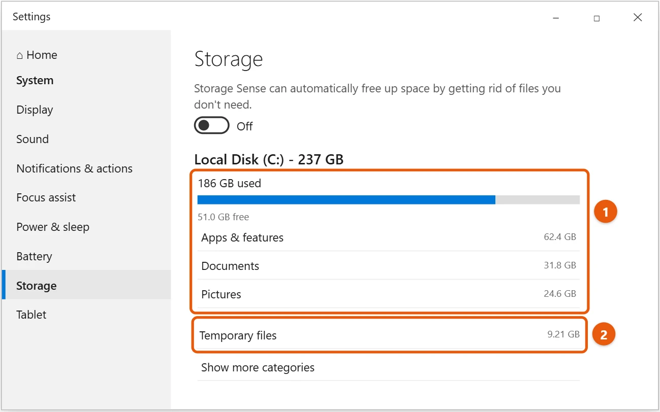 How to Free Up Space on Windows 10 1 Windows 10 Storage settings showing drive C space used by category with Temporary files highlighted